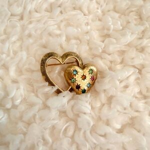 Gold-Tone Double Heart Brooch with Multicolor Star Gems
